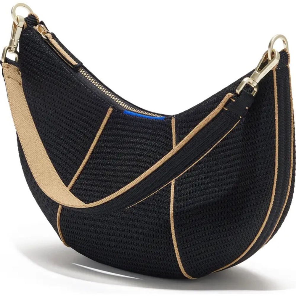 Rothy's Black Crescent Shoulder Bag with Tan Trim and Striped Strap - Picture 2 of 5